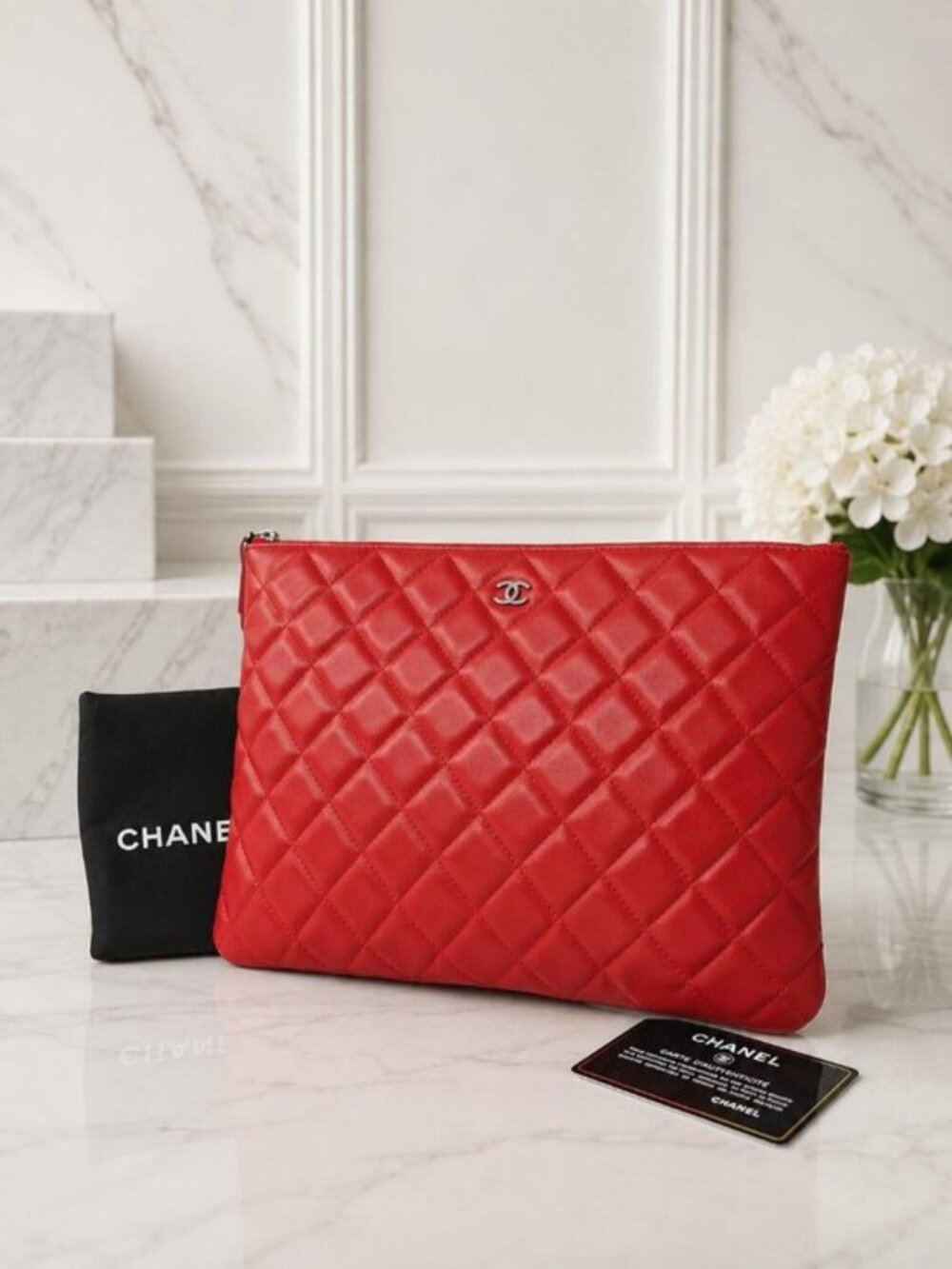 Authentic Chanel Large O Case Red Quilted Leather Clutch